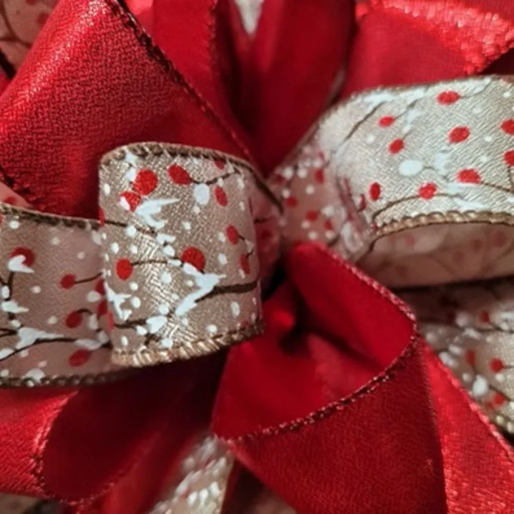 Snowy Red Berry and Red Ribbon‎ 44 Loop Bow Tree Topper